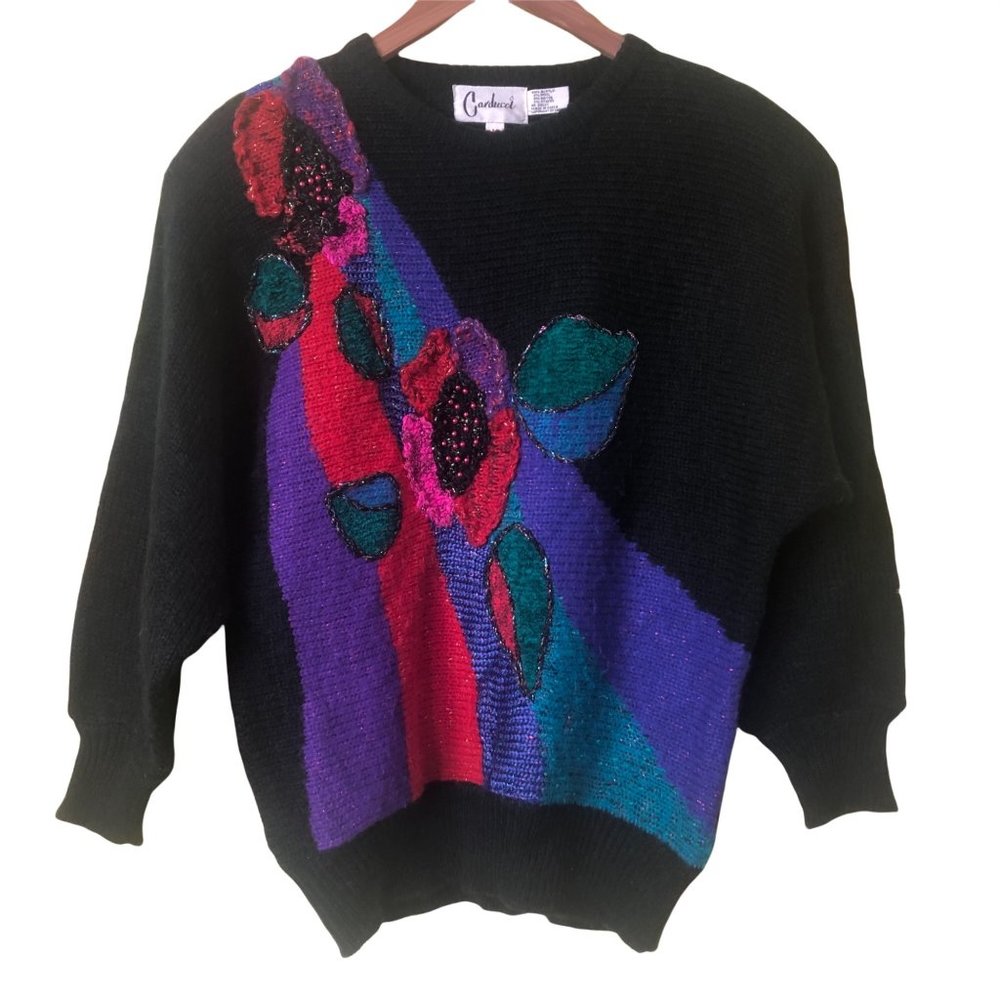 Vintage Embellished Sweater with Glitter and Pink Pearls by Carducci size Medium